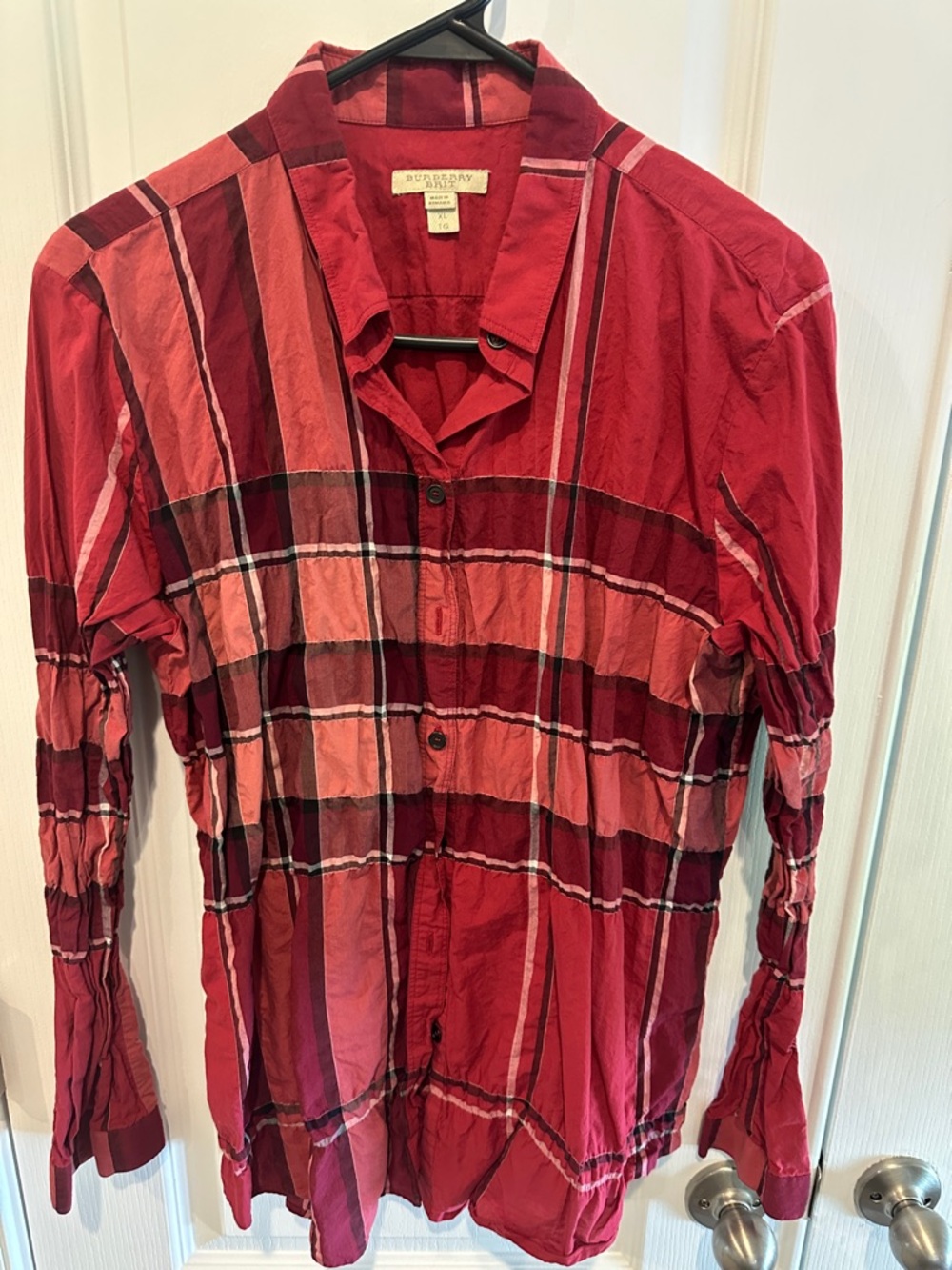 Burberry Red and Pink Plaid Casual Button-Front Shirt